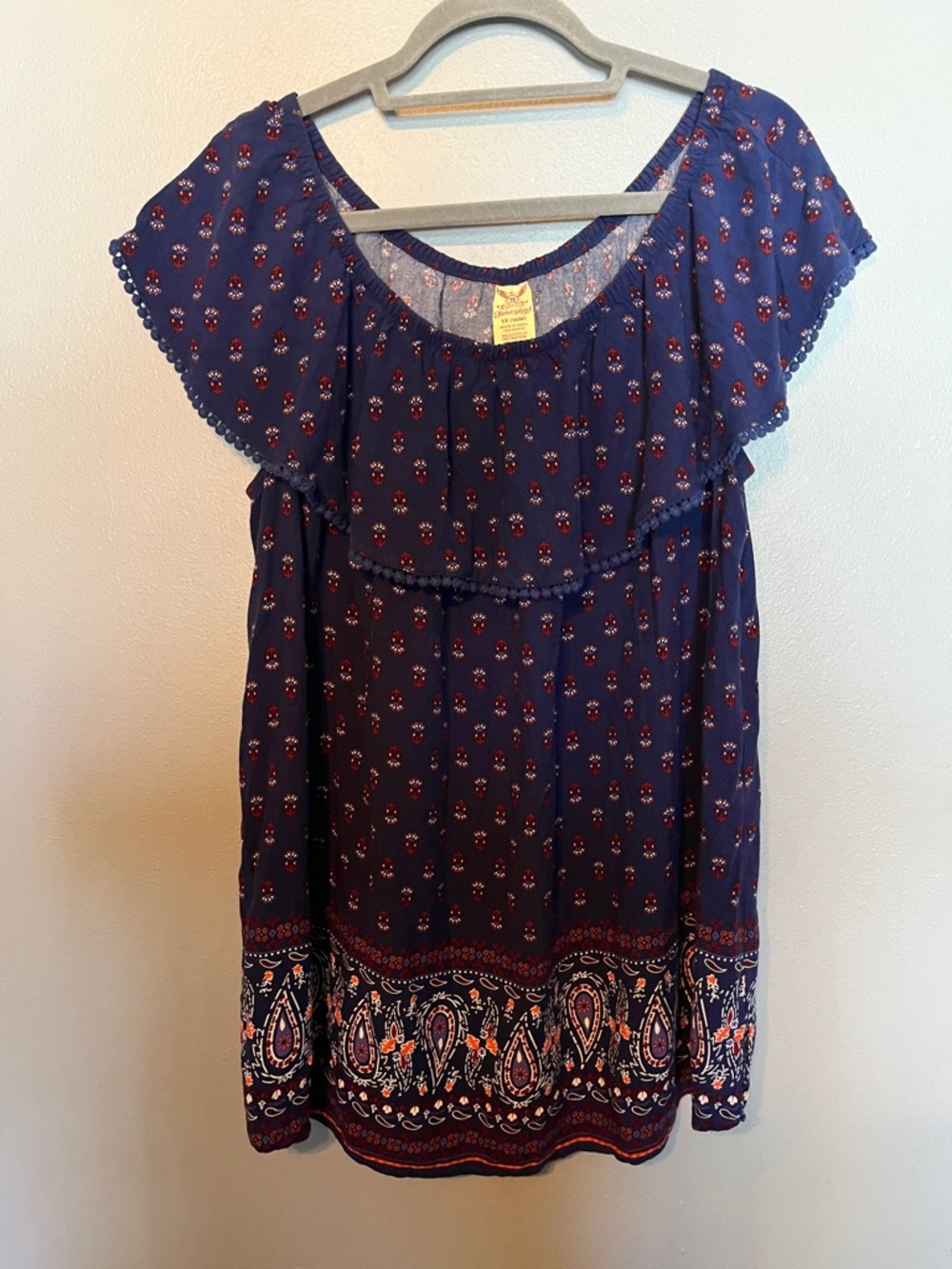 Faded Glory Navy Paisley Border Off-Shoulder Tunic